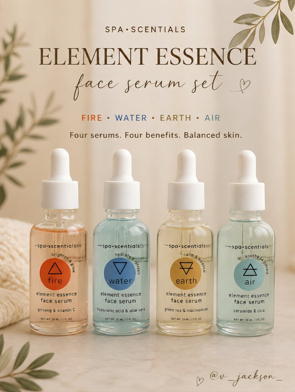 Spa Scentials Element Essence Serum Set | Fire Water Earth Air Face Serums